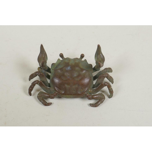 70 - A miniature Japanese style bronze okimono crab, 8cm wide