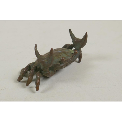 70 - A miniature Japanese style bronze okimono crab, 8cm wide