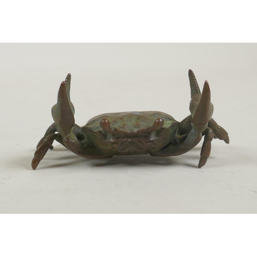 70 - A miniature Japanese style bronze okimono crab, 8cm wide