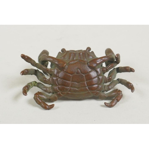 70 - A miniature Japanese style bronze okimono crab, 8cm wide