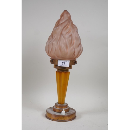 77 - Art Deco copper and bakelite table lamp with rose glass shade, 36cm high