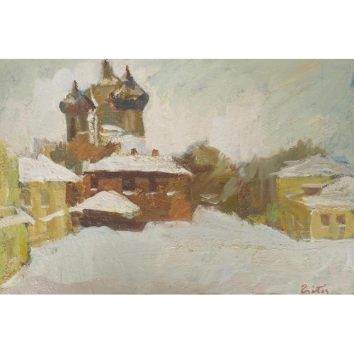 801 - Akos Zsoter, (Hungarian, 1895-1983), Winter Scene, Moscow, signed, labelled verso, oil on board, 47 ... 