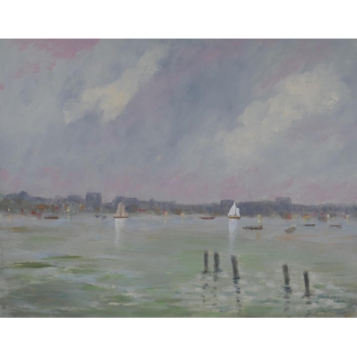 802 - Boats in an estuary, inscribed on label verso 'The Thames Estuary, Hugh Boycott Brown', 35 x 46cm