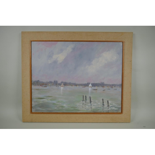 802 - Boats in an estuary, inscribed on label verso 'The Thames Estuary, Hugh Boycott Brown', 35 x 46cm