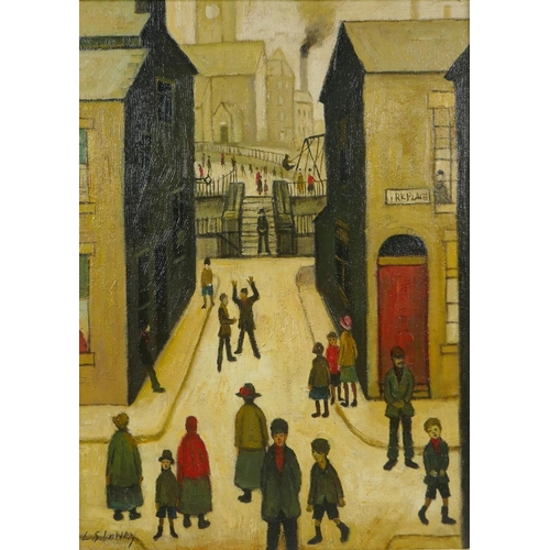 804 - After Lowry, (British, 1887-1976), The Steps, Irk Place, oil on canvas board, 30 x 40cm