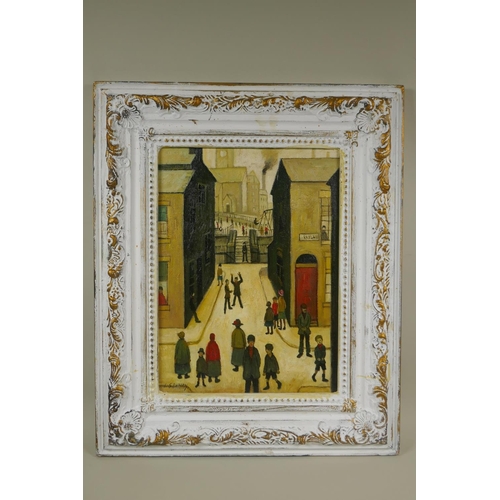 804 - After Lowry, (British, 1887-1976), The Steps, Irk Place, oil on canvas board, 30 x 40cm