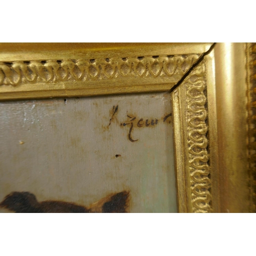 805 - Portrait of a dog, signed K. Zewy?, early C20th oil on panel, in heavy gilt frame, 15 x 11cm