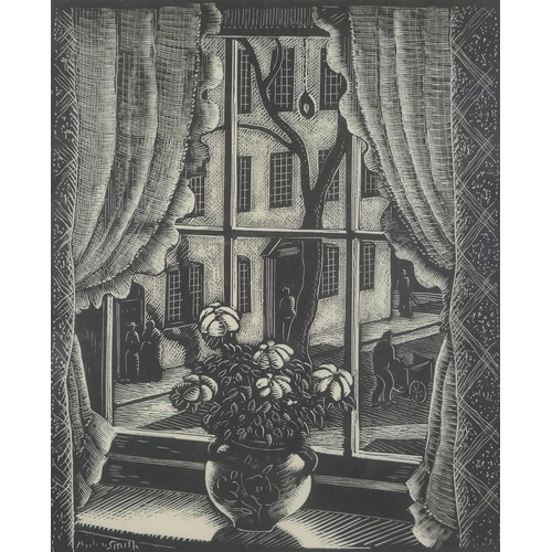 807 - Charles W. Scott, view through a window, signed on the plate, c.1930, woodcut print,  22 x 18cm