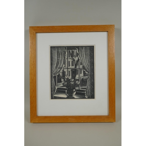 807 - Charles W. Scott, view through a window, signed on the plate, c.1930, woodcut print,  22 x 18cm