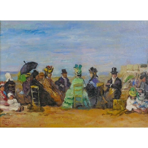 808 - French Impressionist style beach scene, oil on canvas laid on board, 30 x 23cm