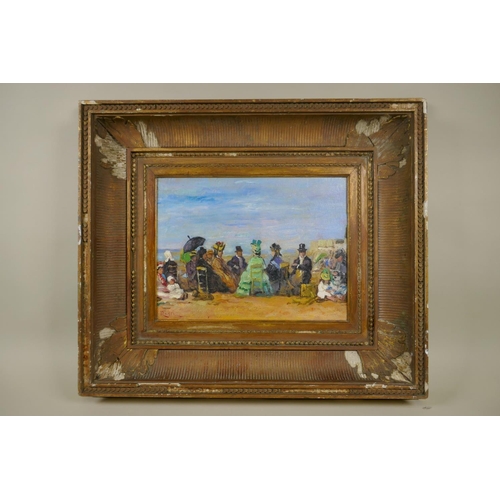 808 - French Impressionist style beach scene, oil on canvas laid on board, 30 x 23cm