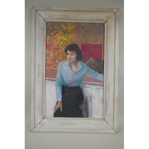 809 - Sidney J. Iredale, portrait of a lady seated by a garden window, signed verso, oil on canvas board, ... 