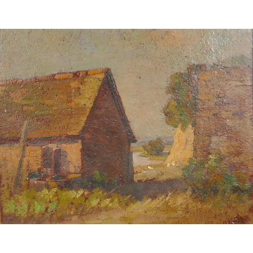 810 - French Impressionist, farmyard landscape, oil on card laid on board, 28 x 22cm