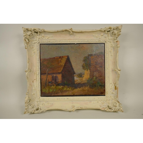 810 - French Impressionist, farmyard landscape, oil on card laid on board, 28 x 22cm