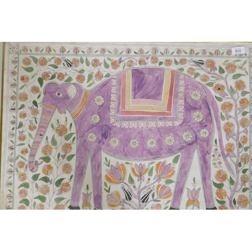 812 - Vintage Indian watercolour of an elephant, 75 x 55cm