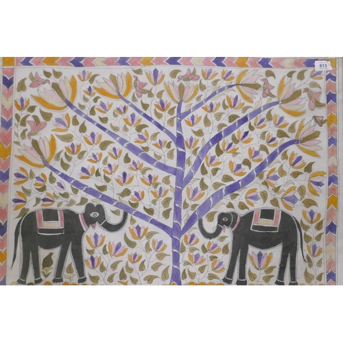 813 - Vintage Indian watercolour of two elephants under a tree, 76 x 55cm