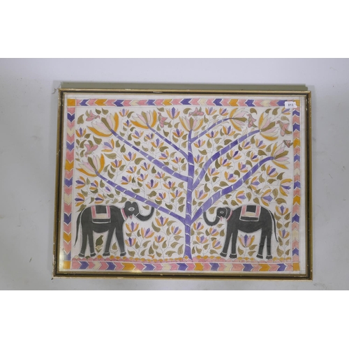 813 - Vintage Indian watercolour of two elephants under a tree, 76 x 55cm