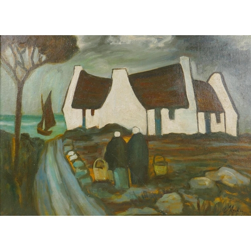 814 - Irish School, figure on a path by cottages, oil on canvas board, 49 x 36cm