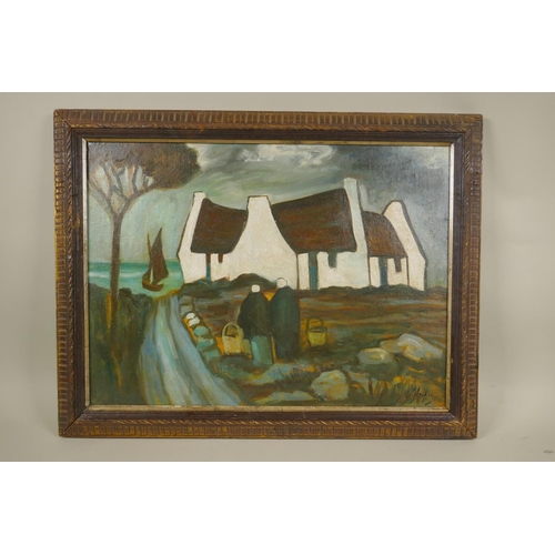 814 - Irish School, figure on a path by cottages, oil on canvas board, 49 x 36cm