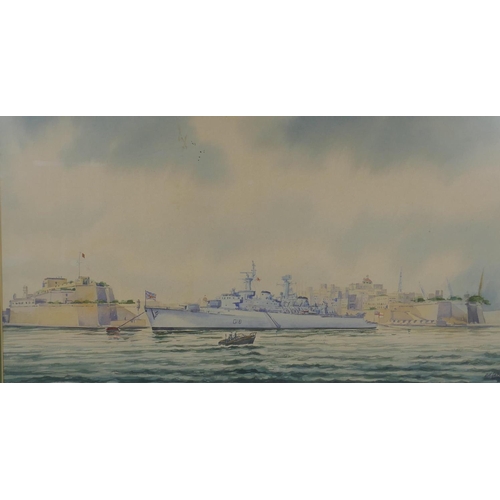 815 - Maltese School, battleship at Valletta Harbour, Malta, signed A.M. Galea, watercolour, 29 x 56cm