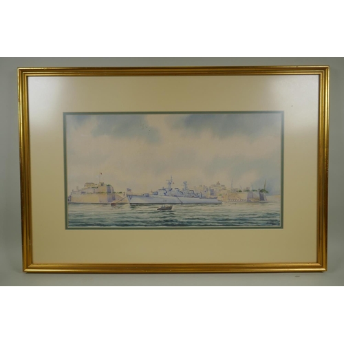 815 - Maltese School, battleship at Valletta Harbour, Malta, signed A.M. Galea, watercolour, 29 x 56cm