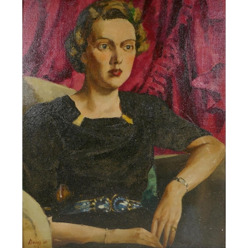 818 - C20th British portrait of a woman, oil on canvas laid on board, signed Devas, 44 x 54cm