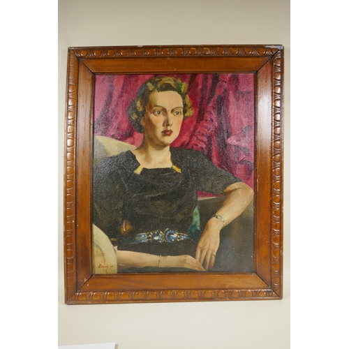 818 - C20th British portrait of a woman, oil on canvas laid on board, signed Devas, 44 x 54cm