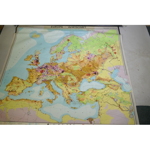 84 - A Georg Westerman German roll down map of Europe showing countries and commodities, paper on linen, ... 