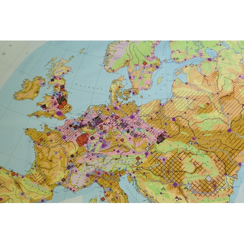 84 - A Georg Westerman German roll down map of Europe showing countries and commodities, paper on linen, ... 