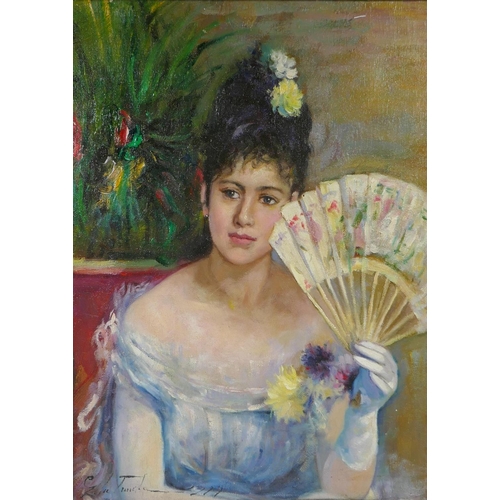 847 - French Impressionist style portrait of a girl in white with a fan, 30 x 40cm