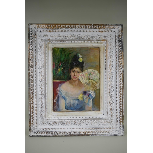 847 - French Impressionist style portrait of a girl in white with a fan, 30 x 40cm