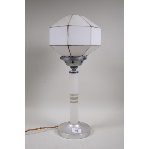 85 - Art Deco bakelite and aluminium table lamp with glass shade, 49cm high