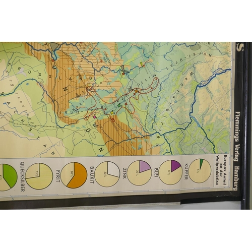 86 - A Fennings German roll down map of Europe showing commodities, 220 x 165cm