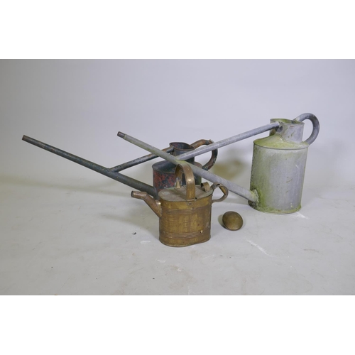 89 - An antique brass watering can, stamped H.J. Hookham & Sons, Birmingham, 25cm high; a Haws patent... 