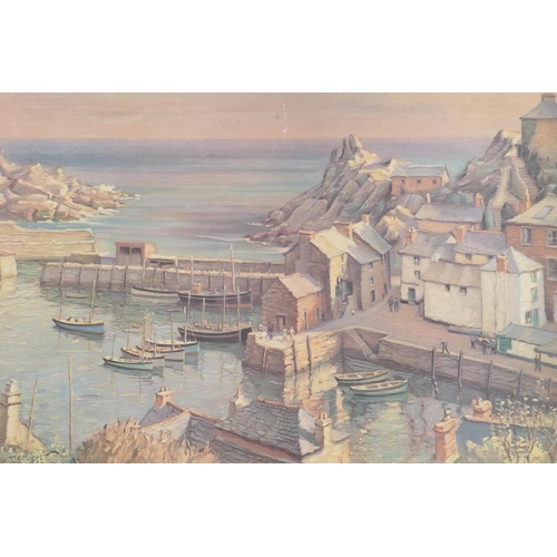 899 - After Herbert Truman, Cornish harbour scene, photo litho print, in a bird's eye maple frame, and a q... 