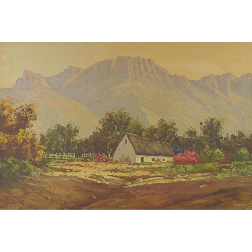 905 - Reginald A. Grattan, (South African, C20th) farmstead below table mountain, oil on canvas, 49 x 34cm