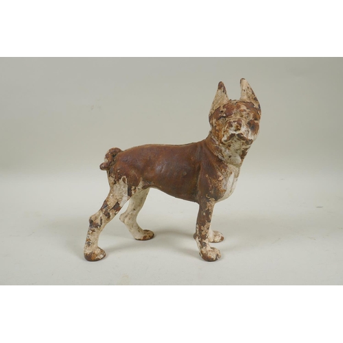 91 - A vintage painted cast iron pug dog, 23cm high, 23cm long