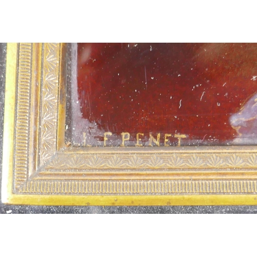 910 - Lucien Francois Penet, (French, 1834-1901), Limoges enamel copper plaque, Pandora, signed L.F. Penet... 