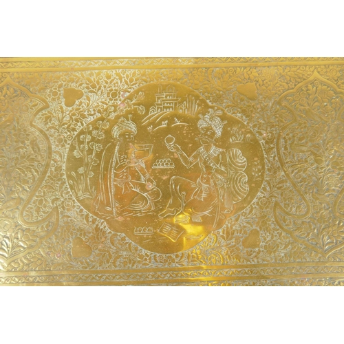 92 - A Persian brass tray with cased decoration of Sha Abbas, 53 x 32cm