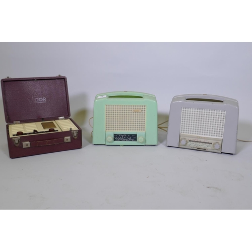 97 - Ekco U-122 green bakelite portable valve radio in Art Deco style, and another in grey, and a Vidor c... 