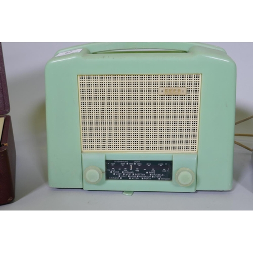 97 - Ekco U-122 green bakelite portable valve radio in Art Deco style, and another in grey, and a Vidor c... 