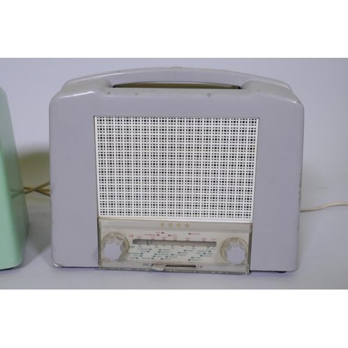 97 - Ekco U-122 green bakelite portable valve radio in Art Deco style, and another in grey, and a Vidor c... 