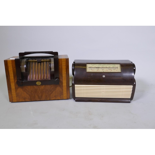 98 - McMichael Model 808 walnut cased and bakelite Art Deco style valve radio, 28cm high, and an Ekco U-7... 