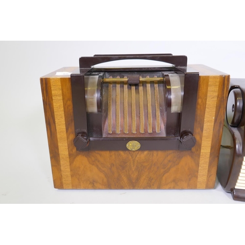 98 - McMichael Model 808 walnut cased and bakelite Art Deco style valve radio, 28cm high, and an Ekco U-7... 