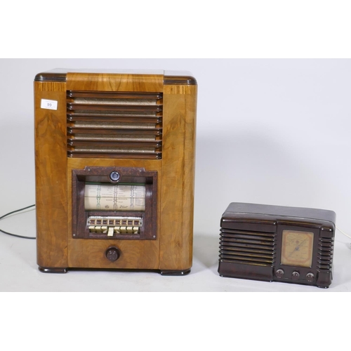 99 - A Pilot T-63 Art Deco style inlaid walnut cased valve radio, 52cm high, and a Pilot Little Maestro b... 