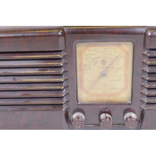 99 - A Pilot T-63 Art Deco style inlaid walnut cased valve radio, 52cm high, and a Pilot Little Maestro b... 