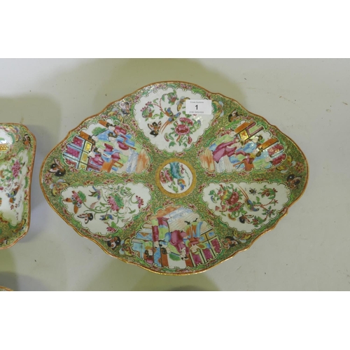 1 - C19th Cantonese expert famille verte footed bowl, 36cm wide, and three others