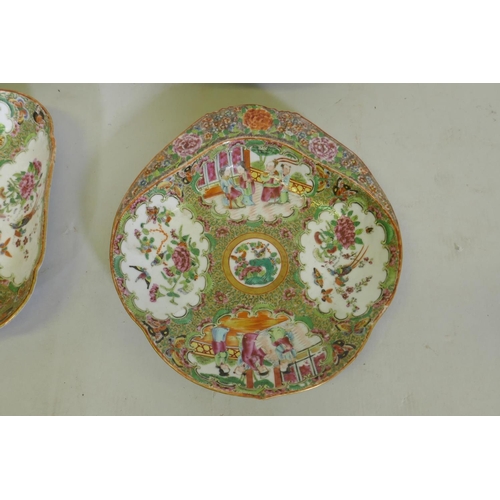 1 - C19th Cantonese expert famille verte footed bowl, 36cm wide, and three others