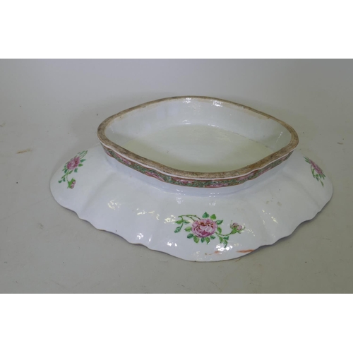 1 - C19th Cantonese expert famille verte footed bowl, 36cm wide, and three others