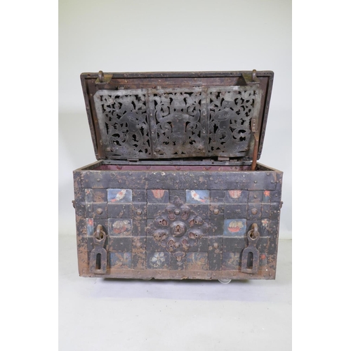 1001 - C17th German Armada chest/strong box, retaining its original painted decoration, iron strapped and b... 